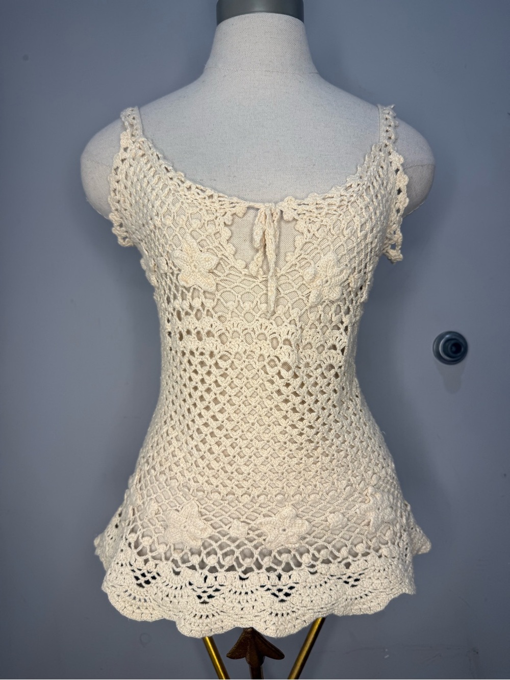 Vintage Y2K Crochet Lace Cami Top | Cream Boho Floral | 100% Cotton | Size S